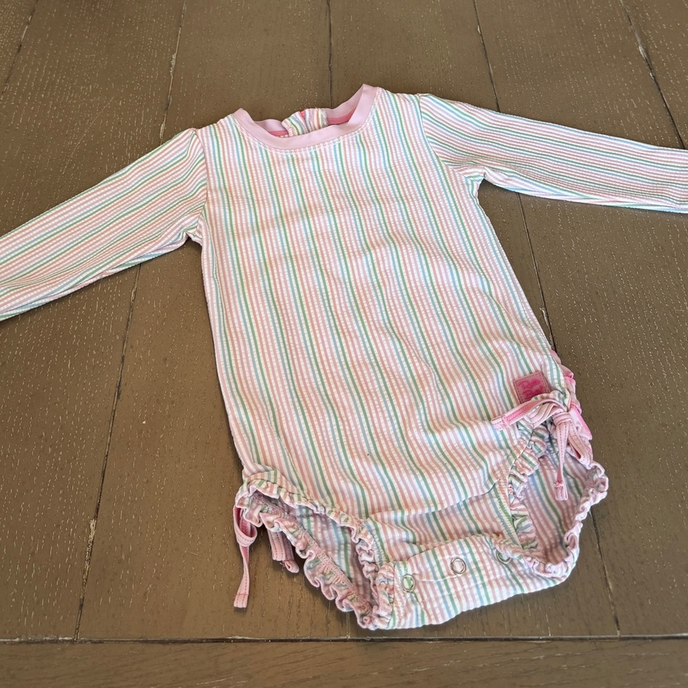 Ruffle Butts Girls’ Pink Pastel Seersucker Long-Sleeve Swimsuit • Size: 18-24M - Picture 10 of 10